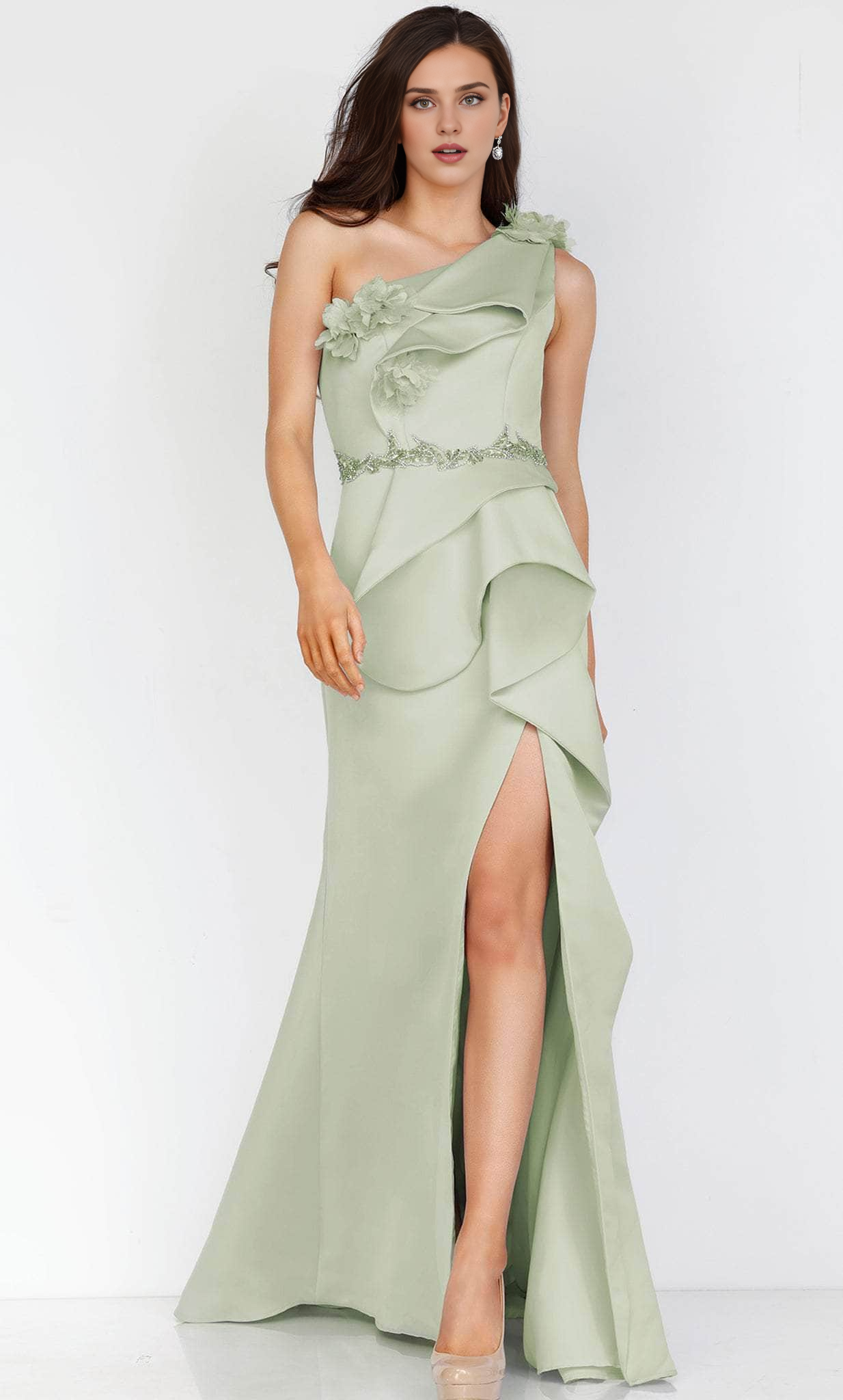 Formal Women's Dresses Handmade One Sleeve Floral Embellished Prom Dress With Slit Formal Dresses Prom Dresses Stores